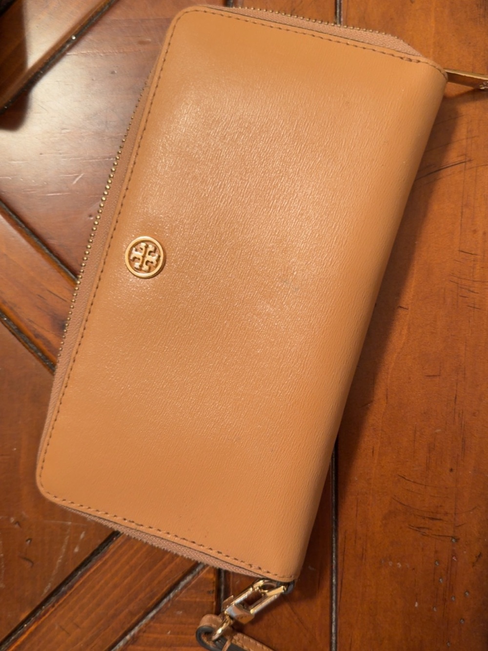 Tory Burch Camel Zip-Around Leather Wallet with Gold Logo